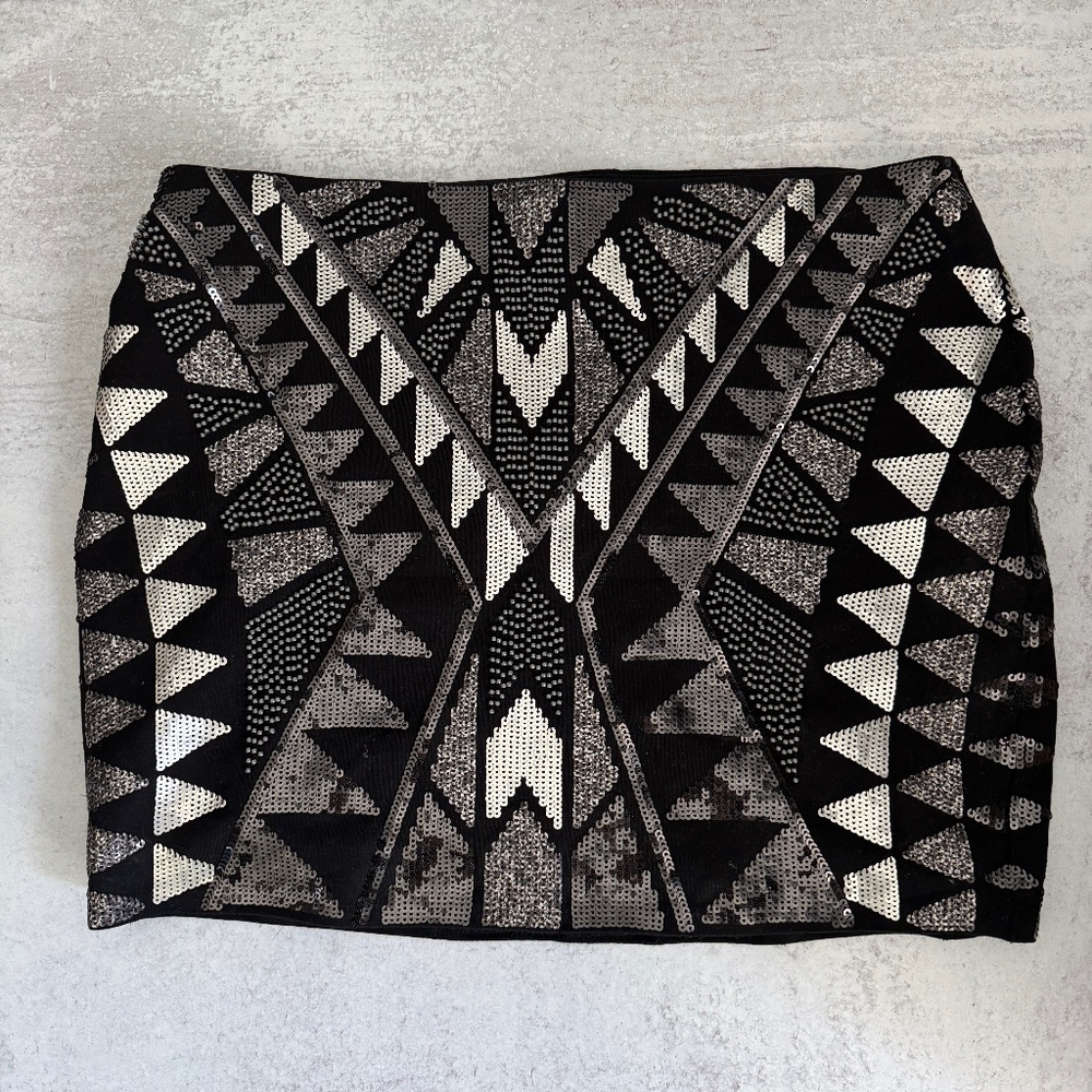 Express Geometric Sequin Mini Skirt - Black & Silver Party Skirt NWT (Small)